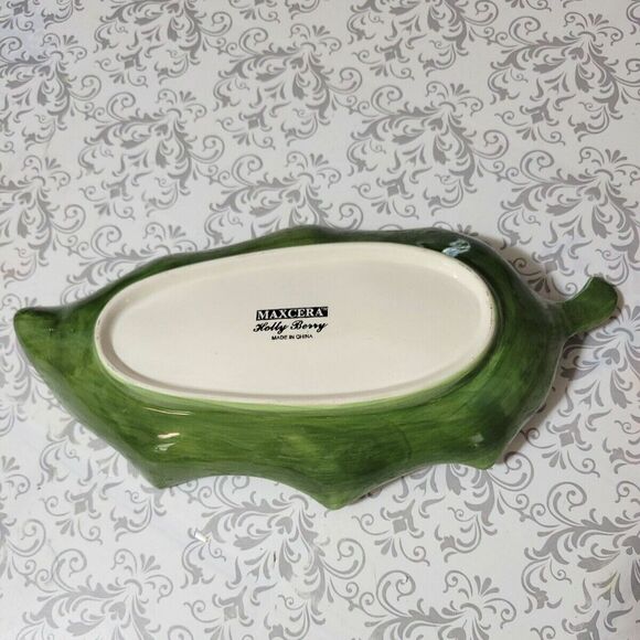 Maxcera Holly Berry  Porcelain Leaf Serving Dish 10" stem to point 5" wide. EUC - Picture 7 of 10